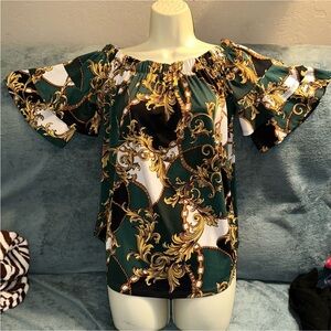 Moa moa medium off the shoulder top green gold yellow black and white